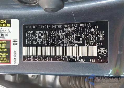 2015 Toyota Corolla S Plus из США, поврежденный, VIN 2T1BURHE9FC312236